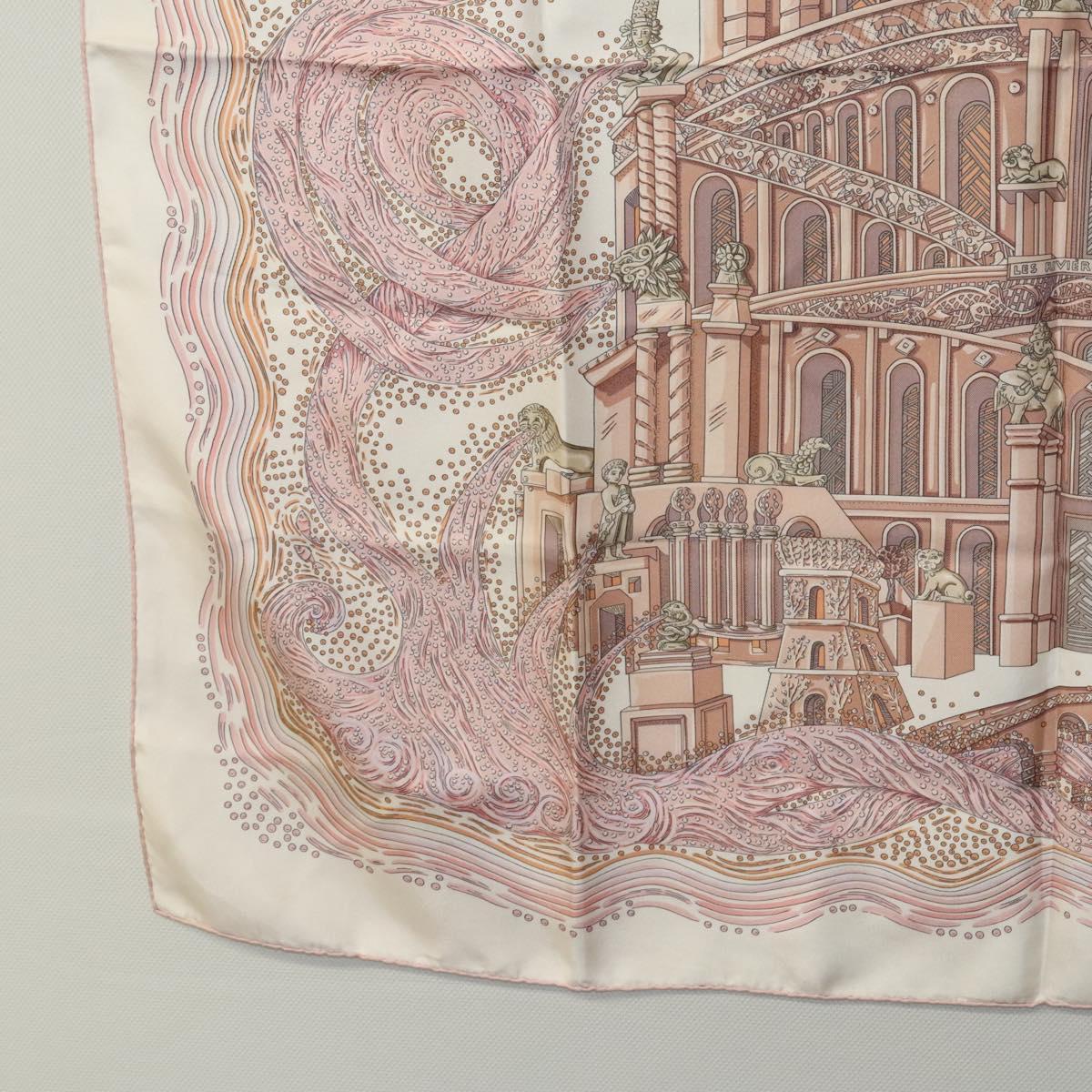 HERMES Carre 90 Scarf ""LES RIVIERES DE BABE"" Silk Pink Auth hk2370