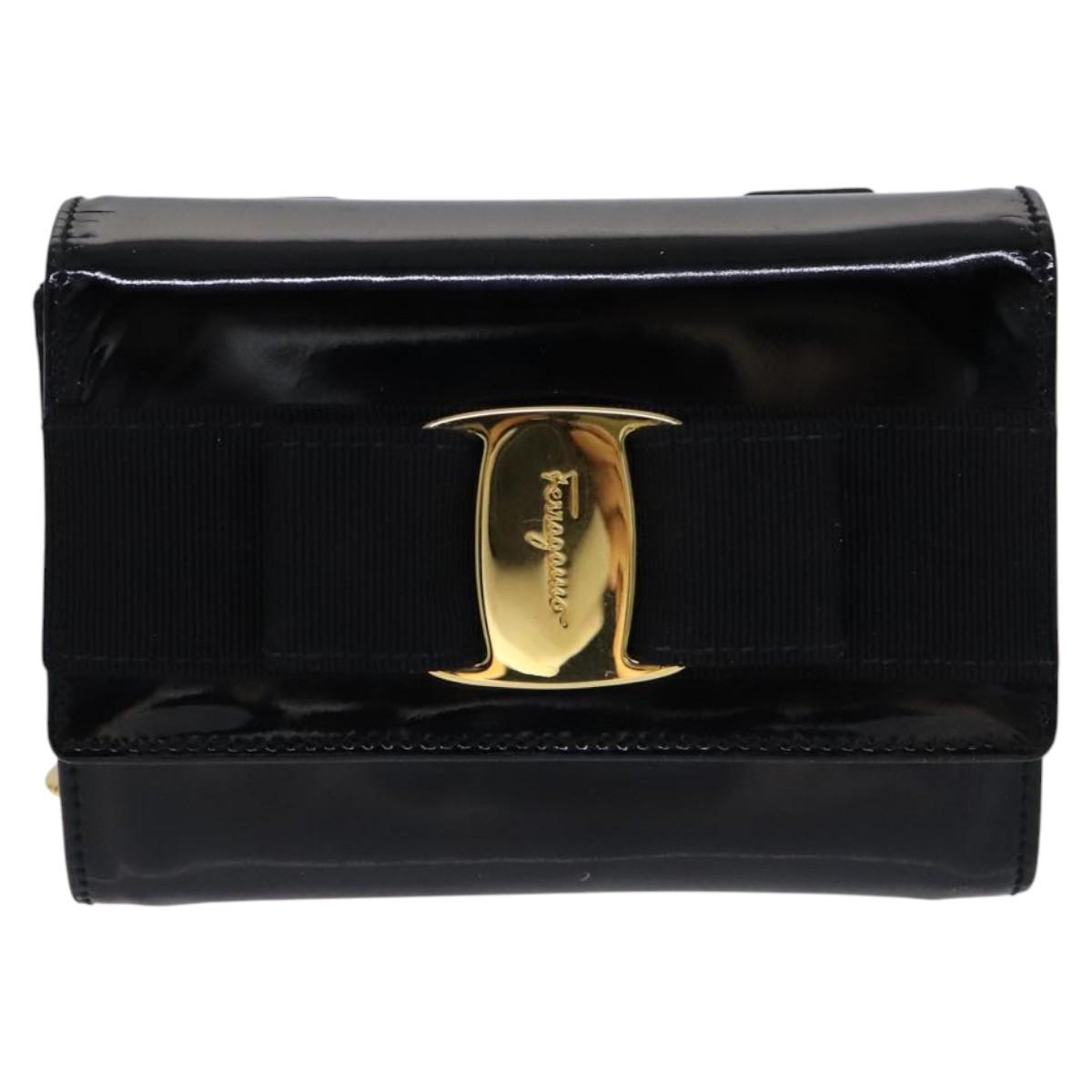 Salvatore Ferragamo Vala Chain Shoulder Bag Enamel Black Gold Auth hk2388