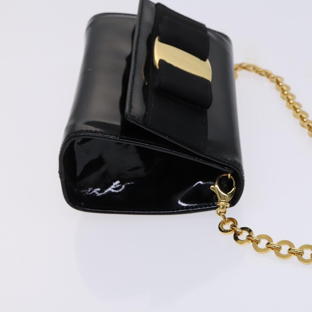 Salvatore Ferragamo Vala Chain Shoulder Bag Enamel Black Gold Auth hk2388
