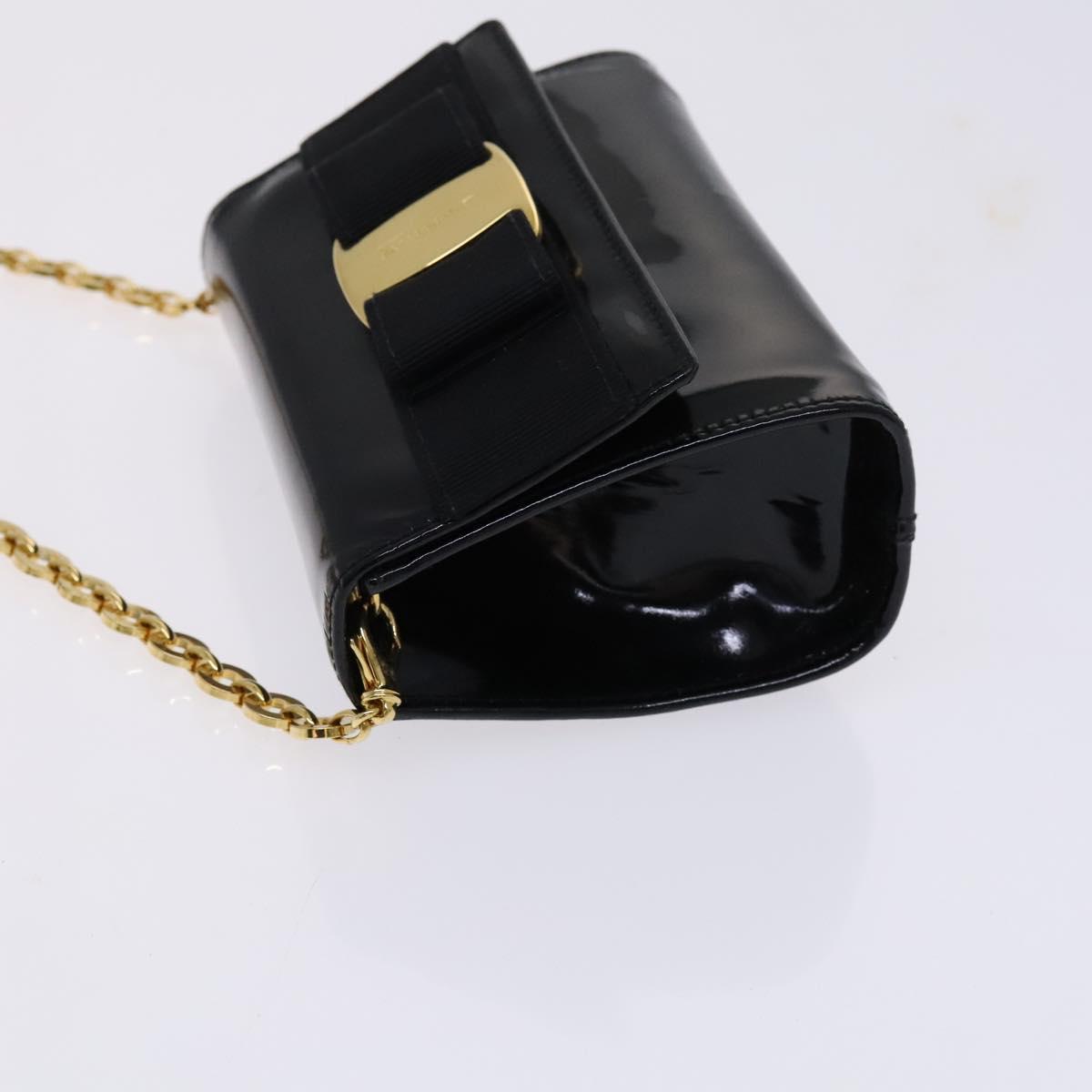 Salvatore Ferragamo Vala Chain Shoulder Bag Enamel Black Gold Auth hk2388