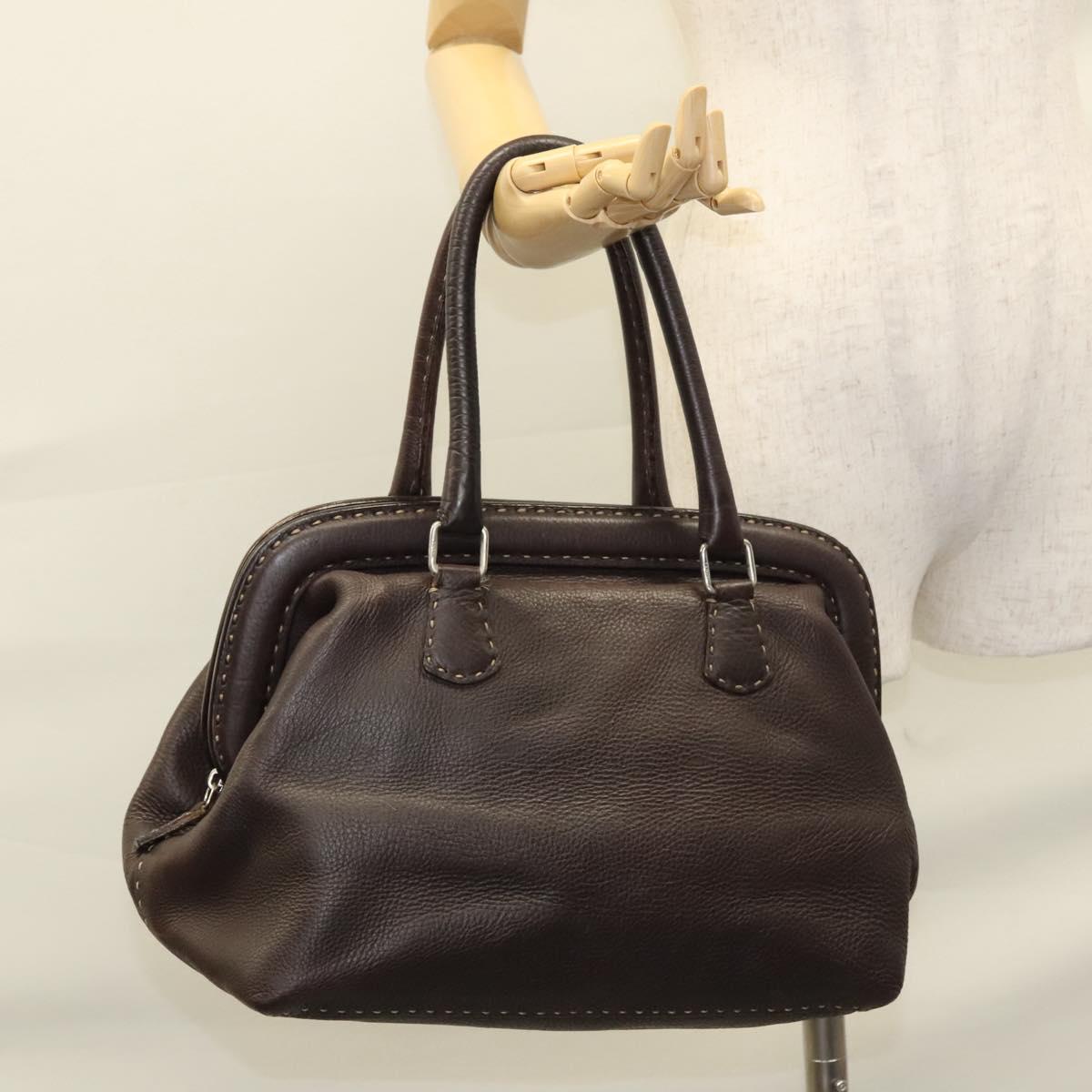 FENDI Celeria Hand Bag Leather Brown Silver Auth hk2399