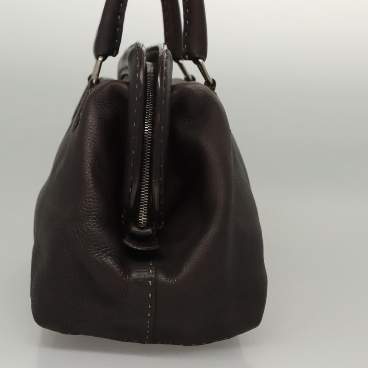 FENDI Celeria Hand Bag Leather Brown Silver Auth hk2399