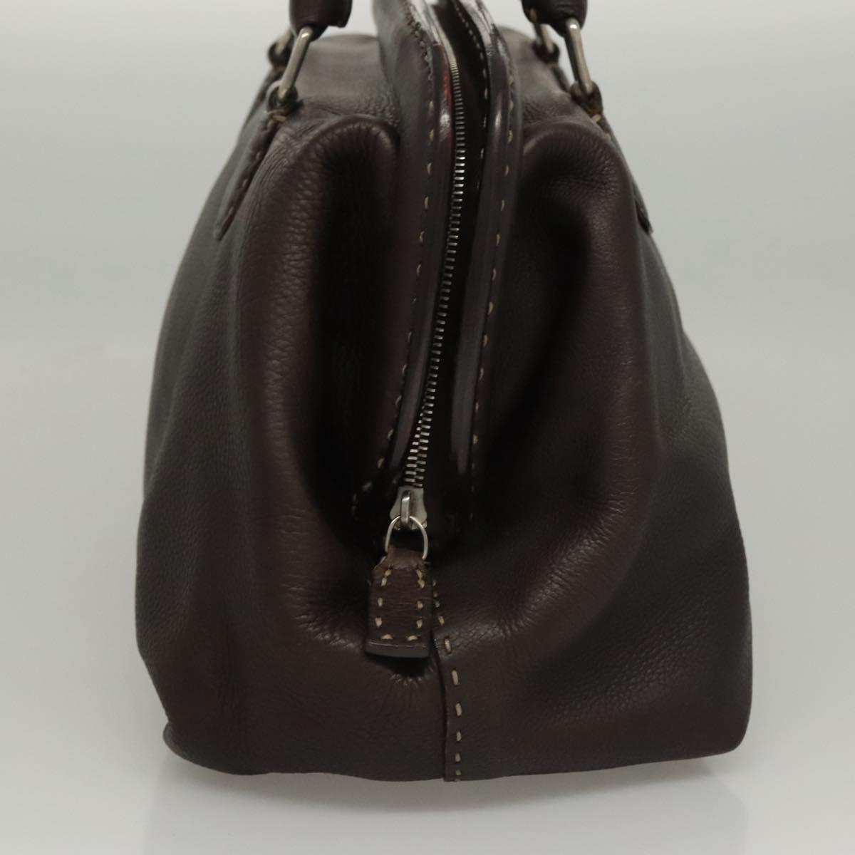 FENDI Celeria Hand Bag Leather Brown Silver Auth hk2399
