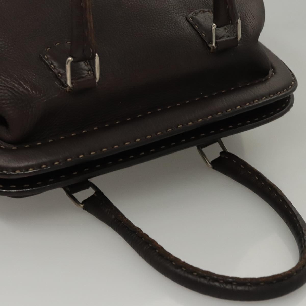 FENDI Celeria Hand Bag Leather Brown Silver Auth hk2399