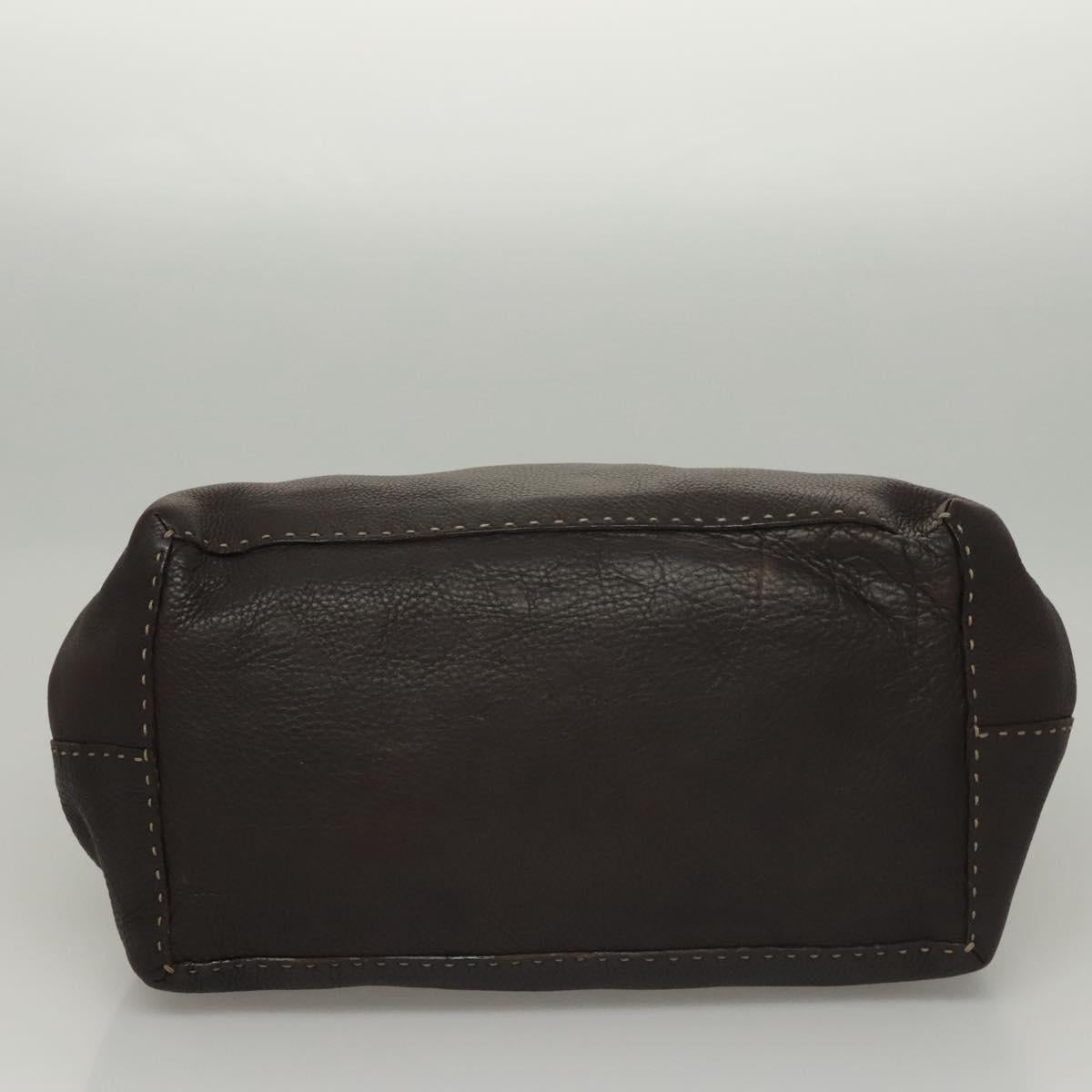 FENDI Celeria Hand Bag Leather Brown Silver Auth hk2399