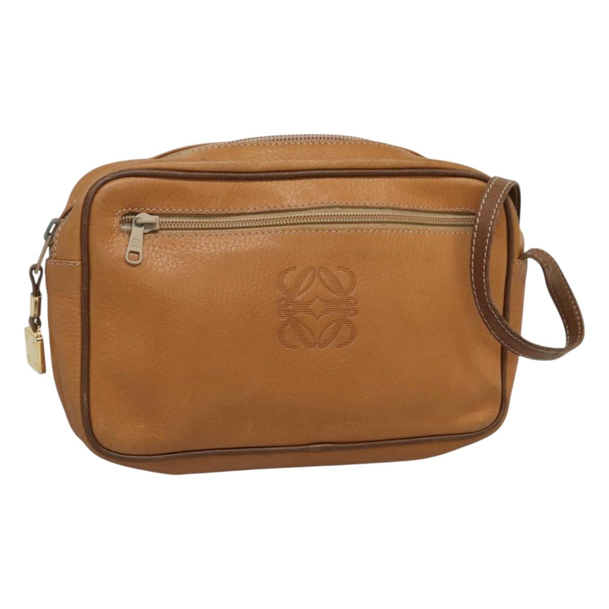 LOEWE Clutch Bag Leather Brown Gold Auth hk2425