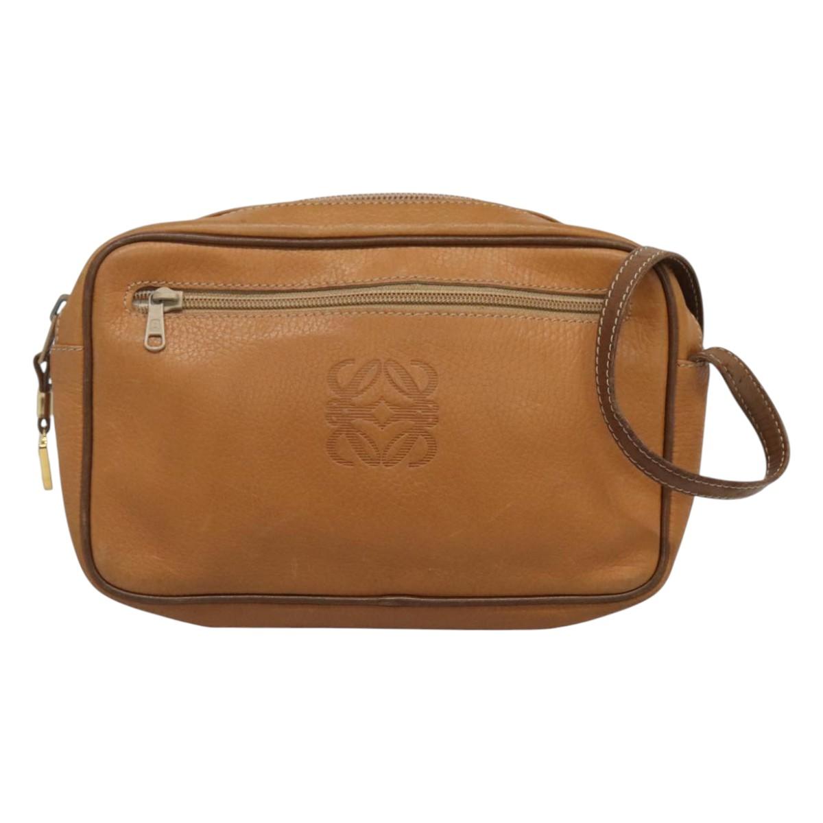 LOEWE Clutch Bag Leather Brown Gold Auth hk2425