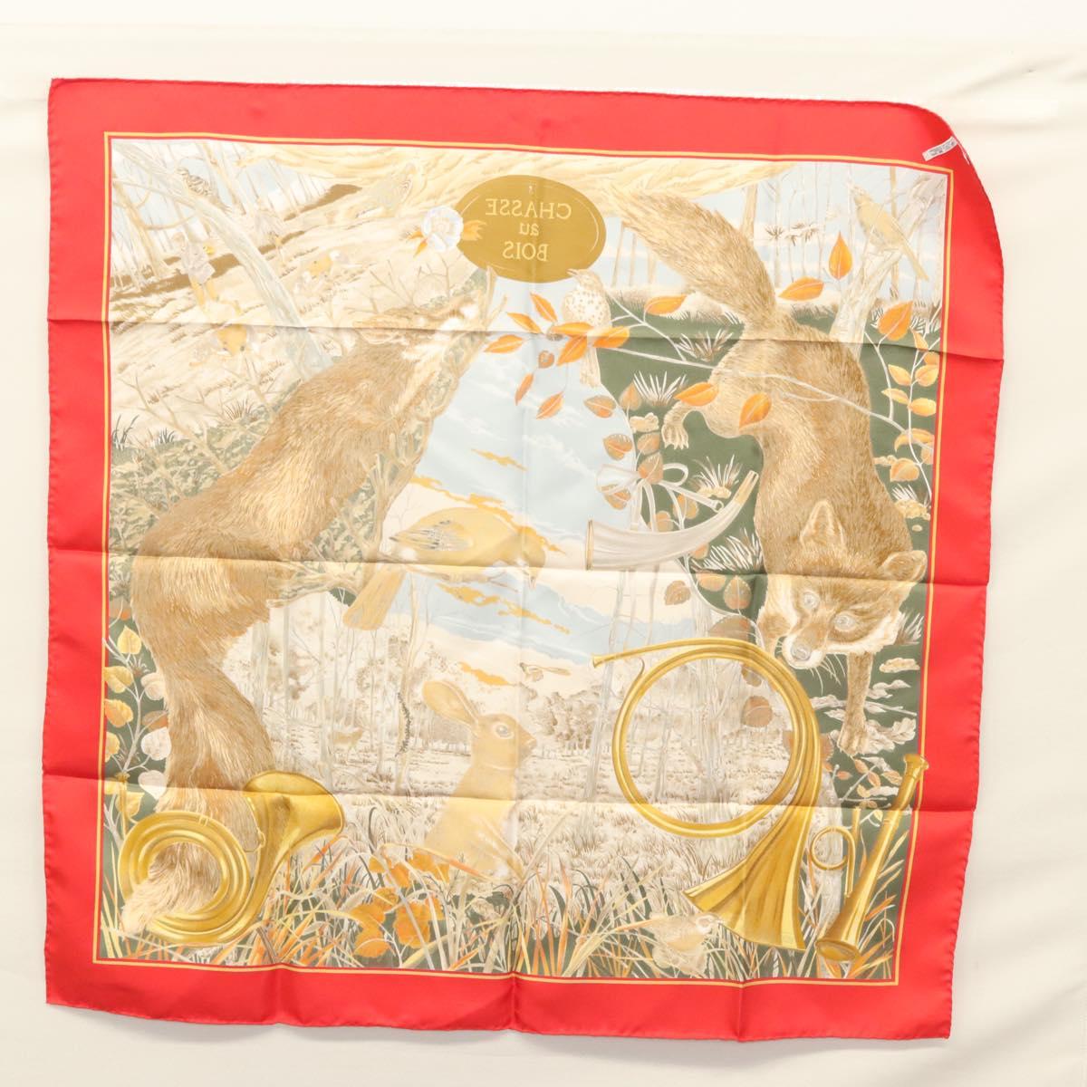 HERMES Carre 90 Scarf ""CHASSE AU BOIS "" Silk Red Auth hk2455