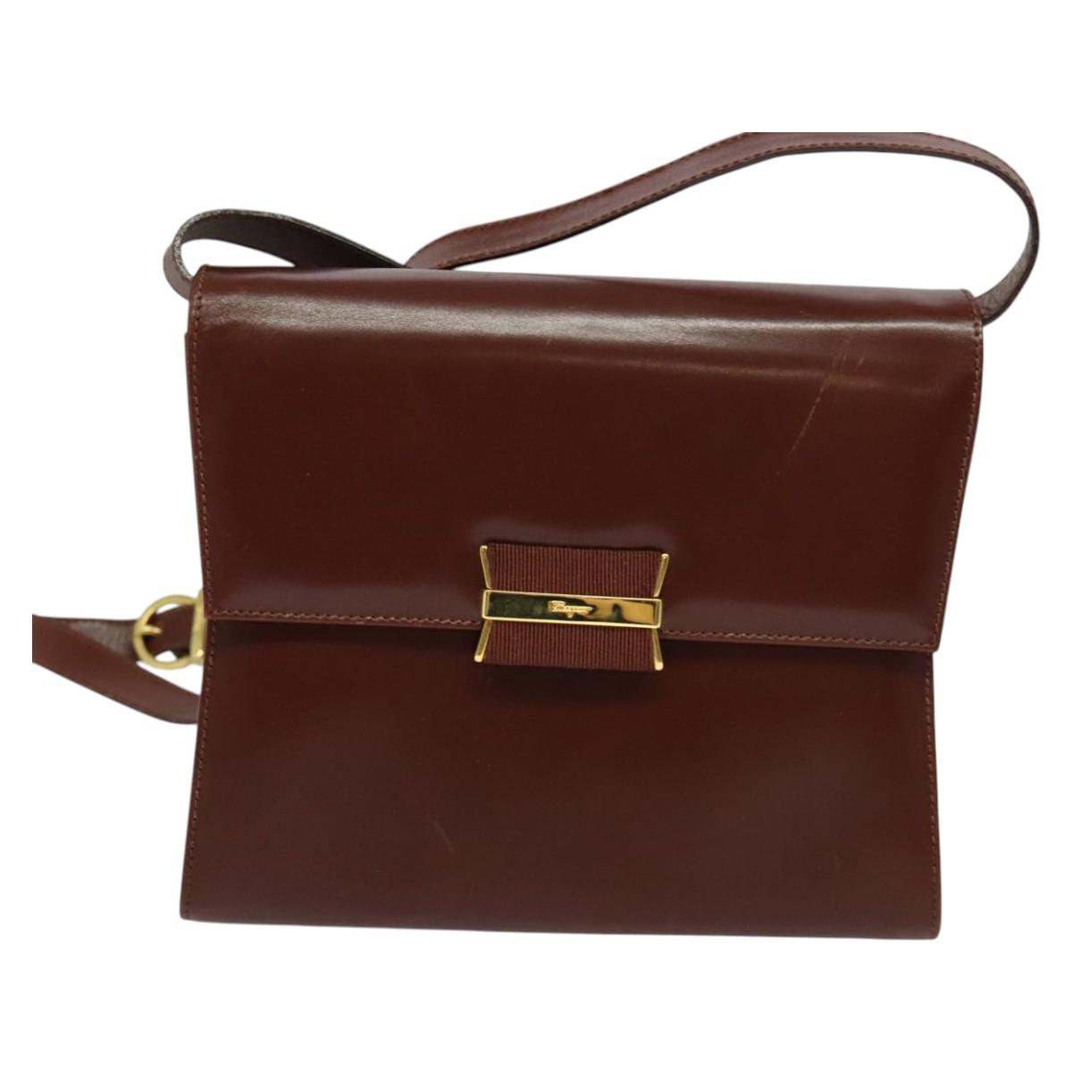 Salvatore Ferragamo Shoulder Bag Leather Brown Gold Auth hk2488