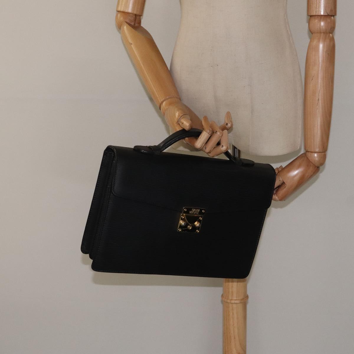 Gianni Versace Hand Bag Leather Black Gold Auth hk2598