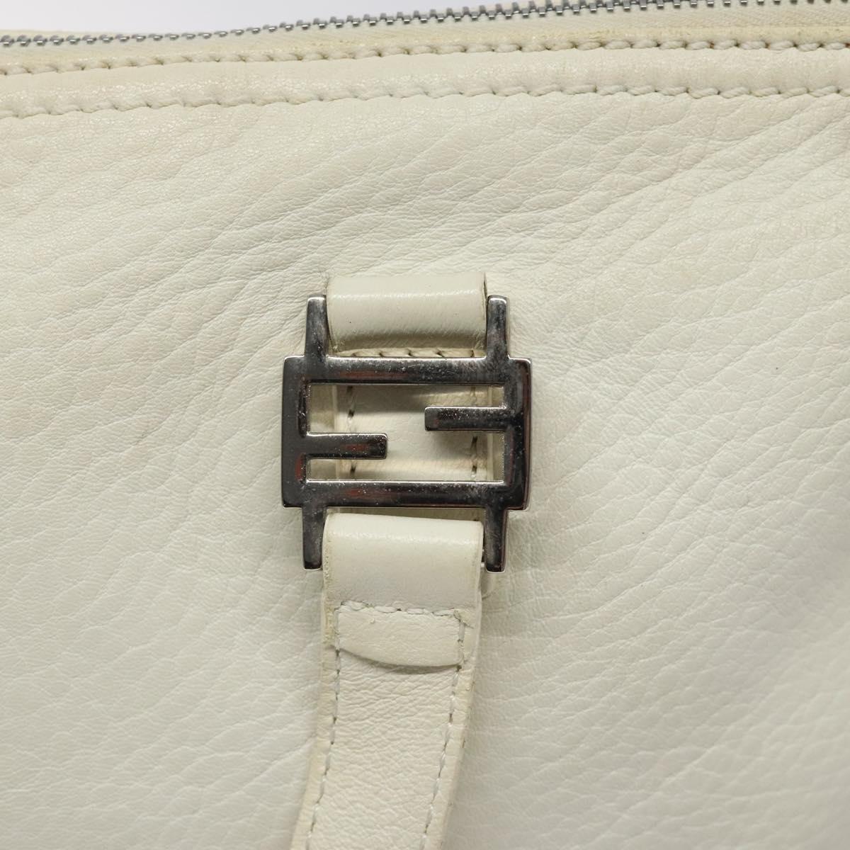 FENDI Hand Bag Leather White Silver Auth hk2612