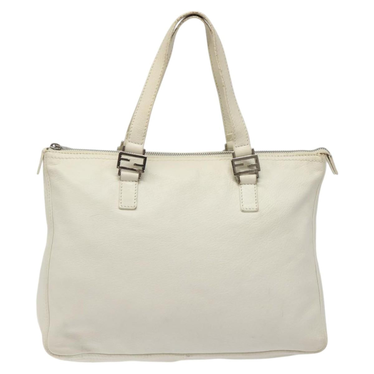 FENDI Hand Bag Leather White Silver Auth hk2612