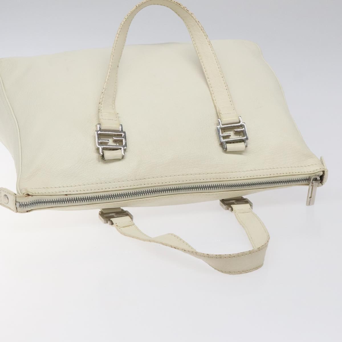 FENDI Hand Bag Leather White Silver Auth hk2612
