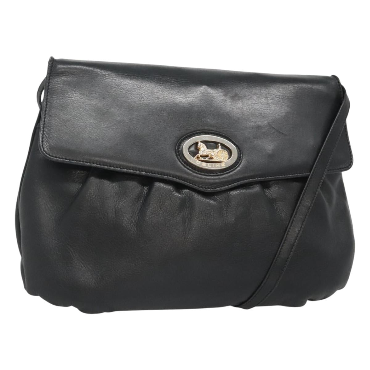 CELINE Shoulder Bag Leather Black Gold Auth hk2624