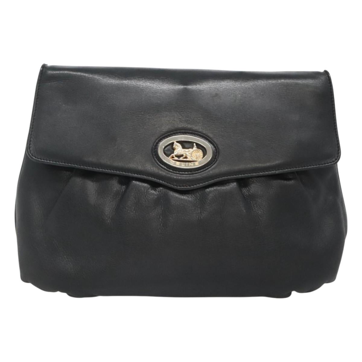 CELINE Shoulder Bag Leather Black Gold Auth hk2624