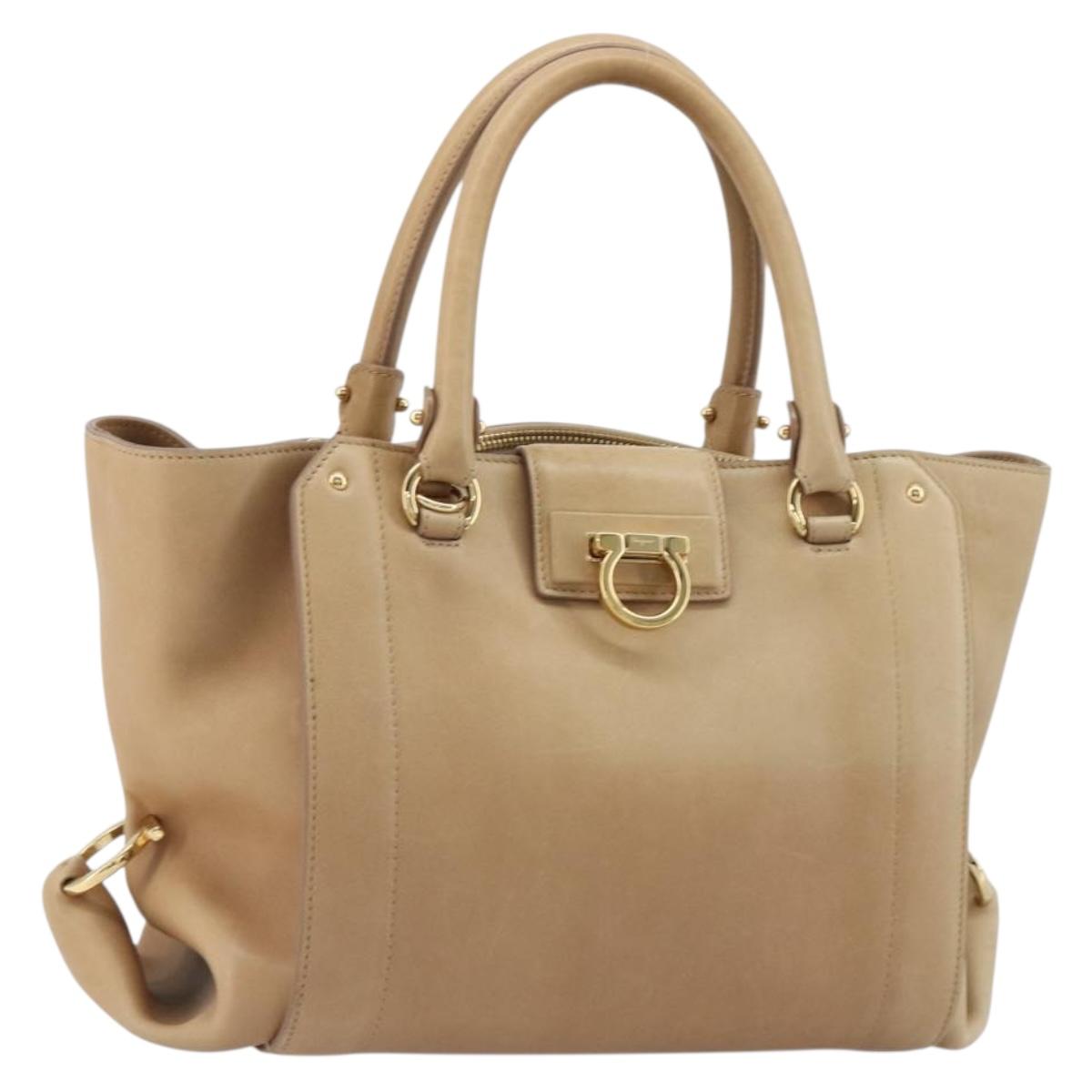 Salvatore Ferragamo Gancini Hand Bag Leather Beige Gold Auth hk2805