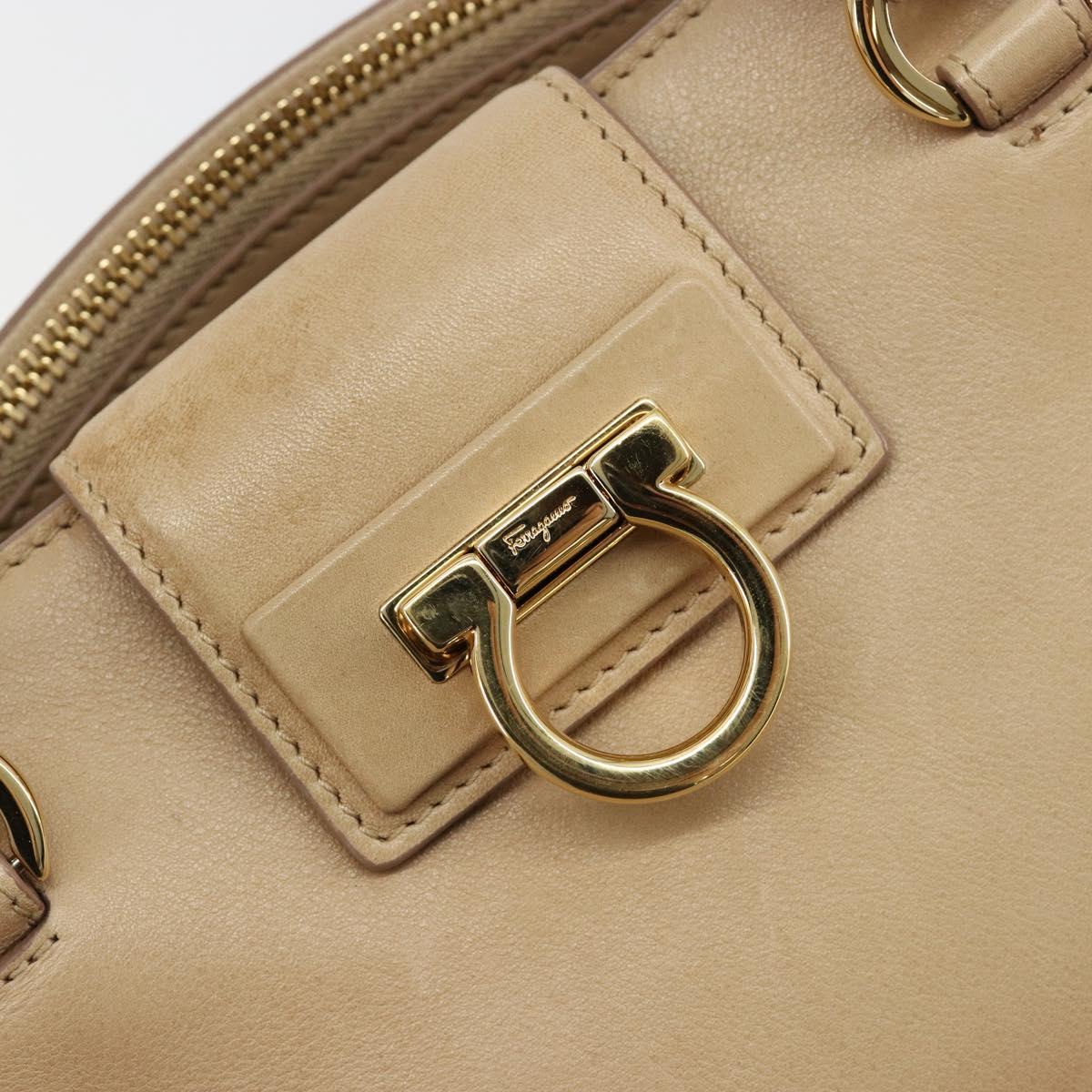 Salvatore Ferragamo Gancini Hand Bag Leather Beige Gold Auth hk2805