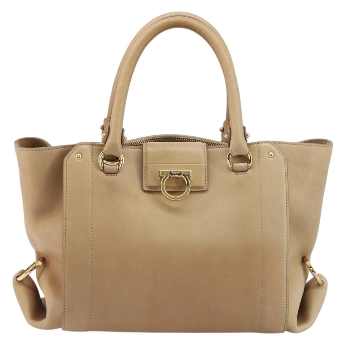 Salvatore Ferragamo Gancini Hand Bag Leather Beige Gold Auth hk2805