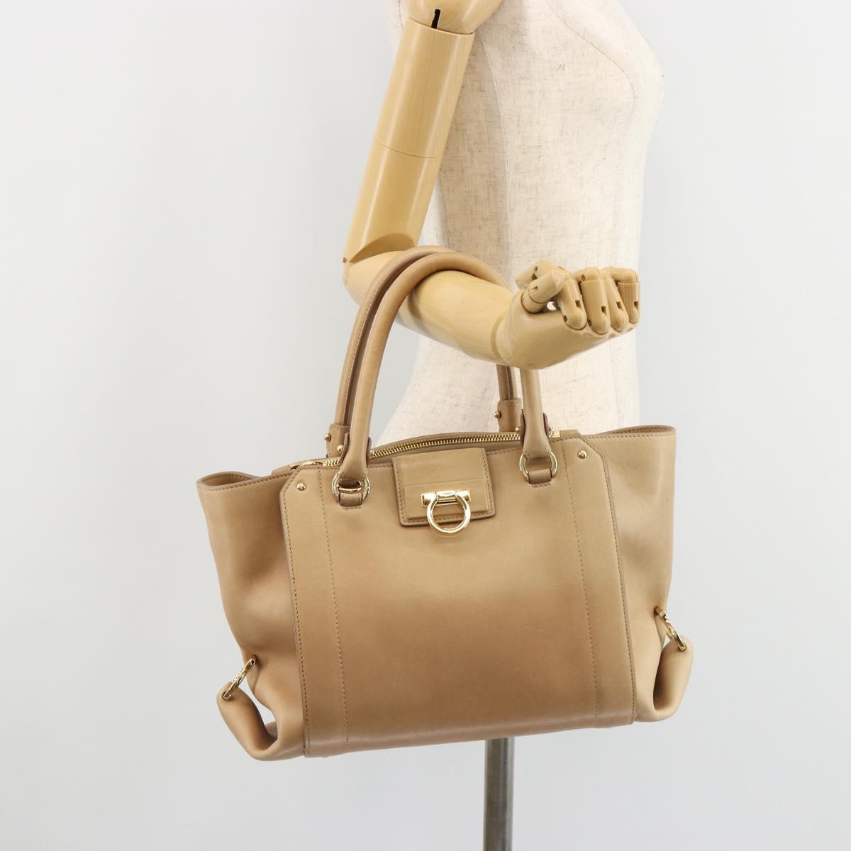 Salvatore Ferragamo Gancini Hand Bag Leather Beige Gold Auth hk2805
