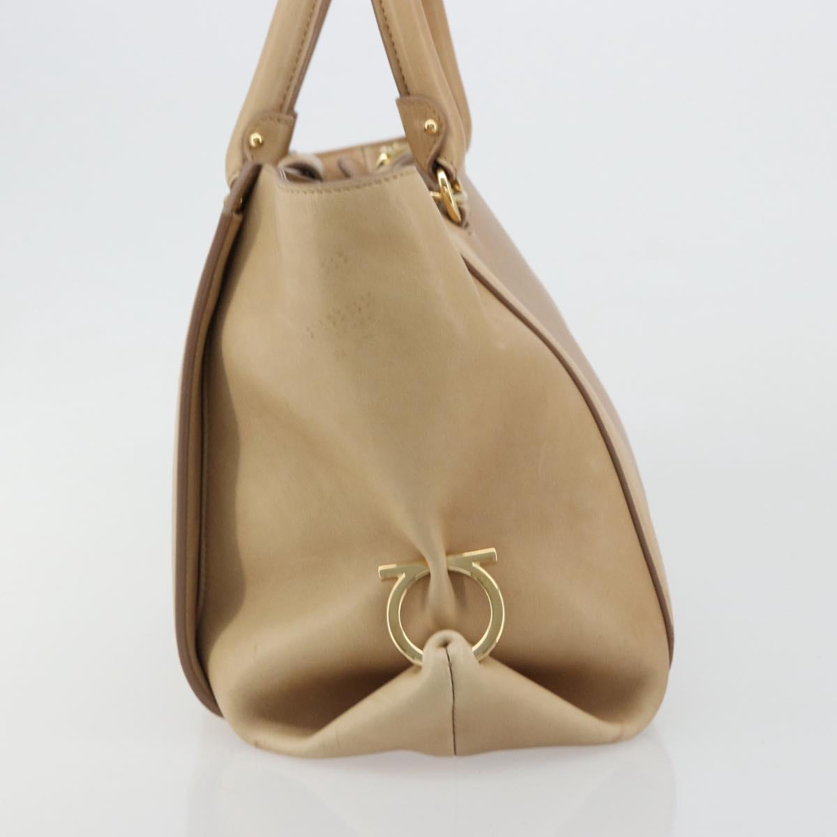 Salvatore Ferragamo Gancini Hand Bag Leather Beige Gold Auth hk2805