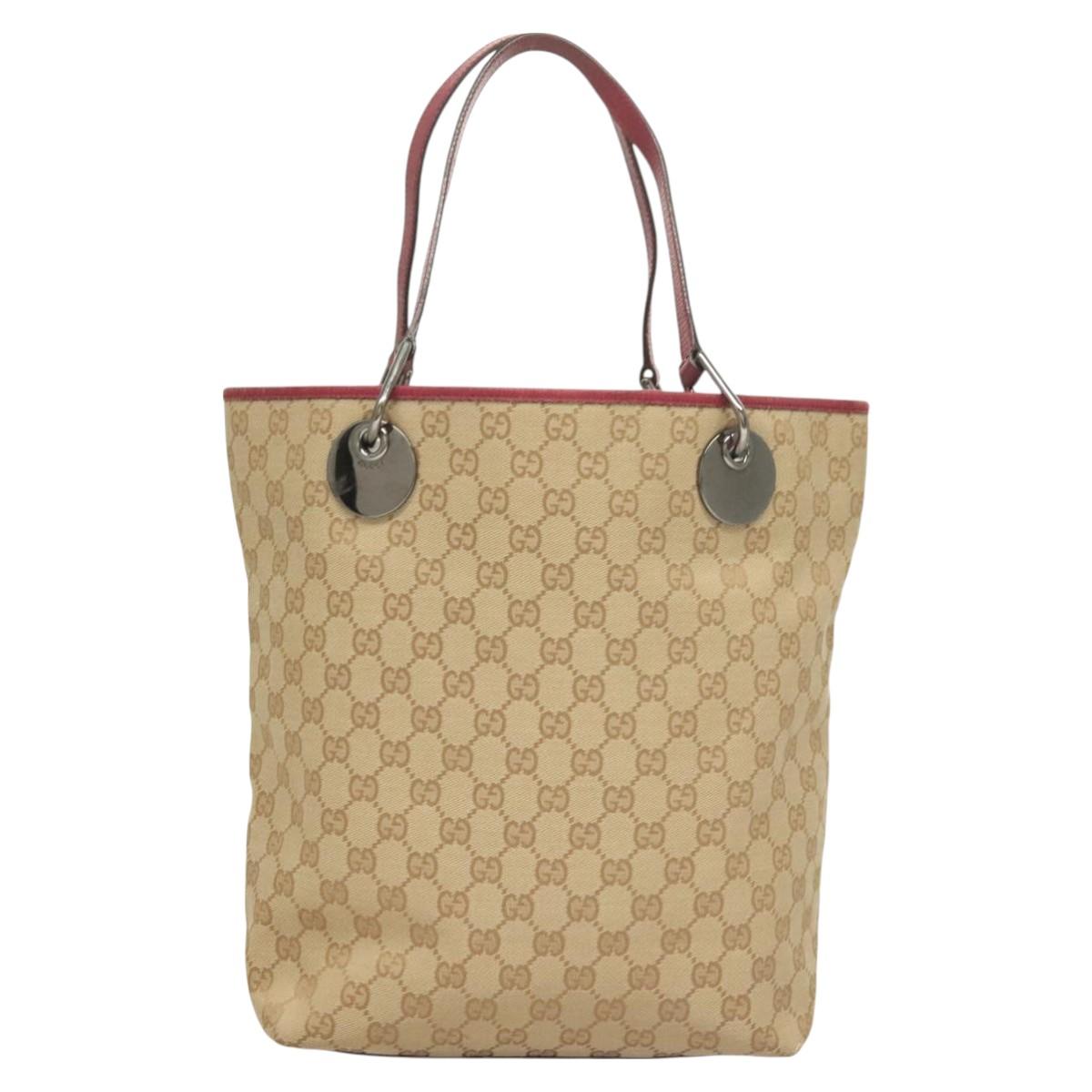 GUCCI GG Canvas Tote Bag Beige Silver 120836 Auth hk2844