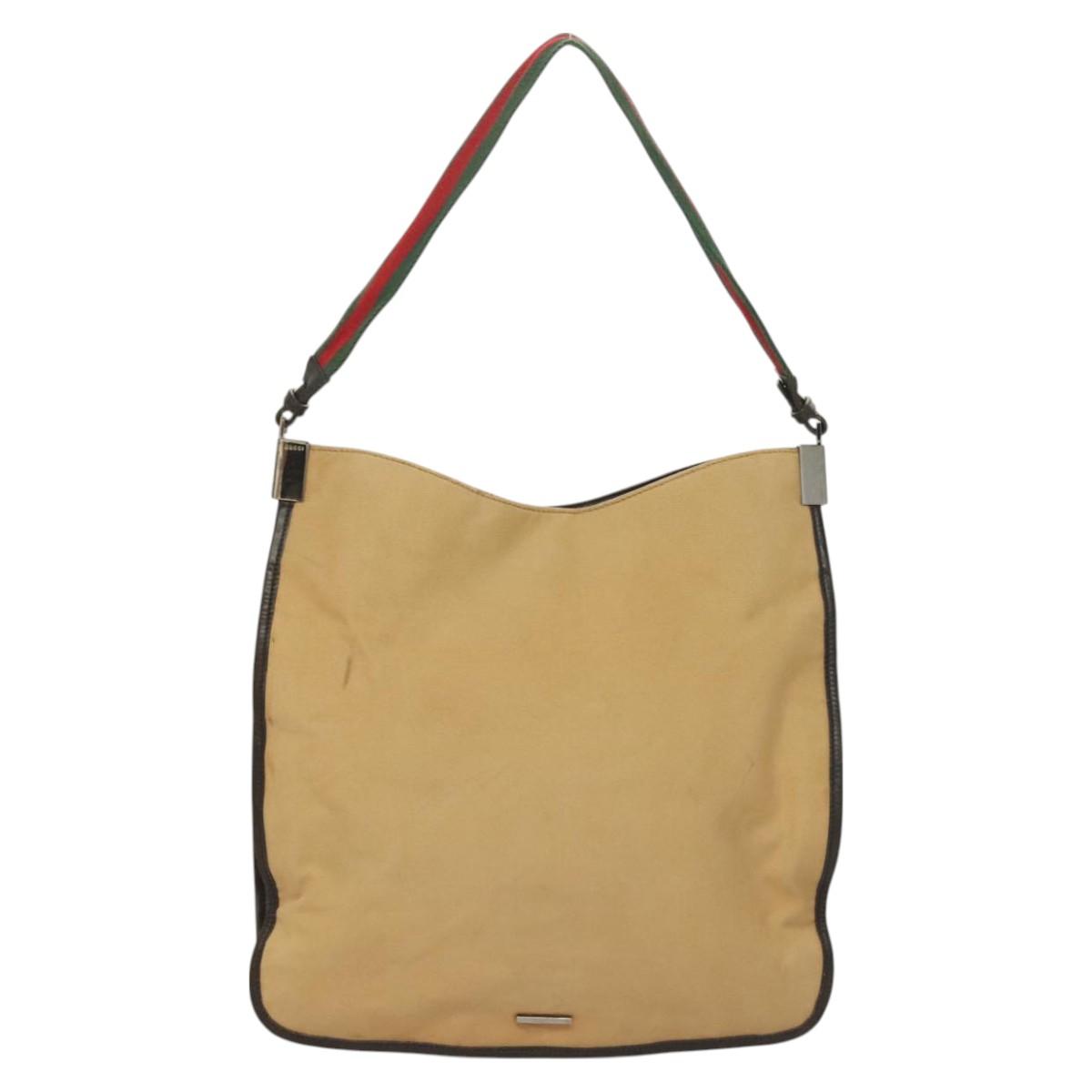 GUCCI Web Sherry Line Shoulder Bag Canvas Beige Silver Red 001 4306 Auth hk2865