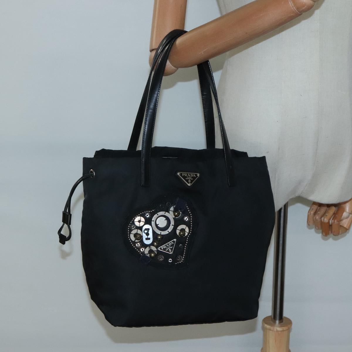 PRADA Tote Bag Nylon Black Silver Auth hk2905