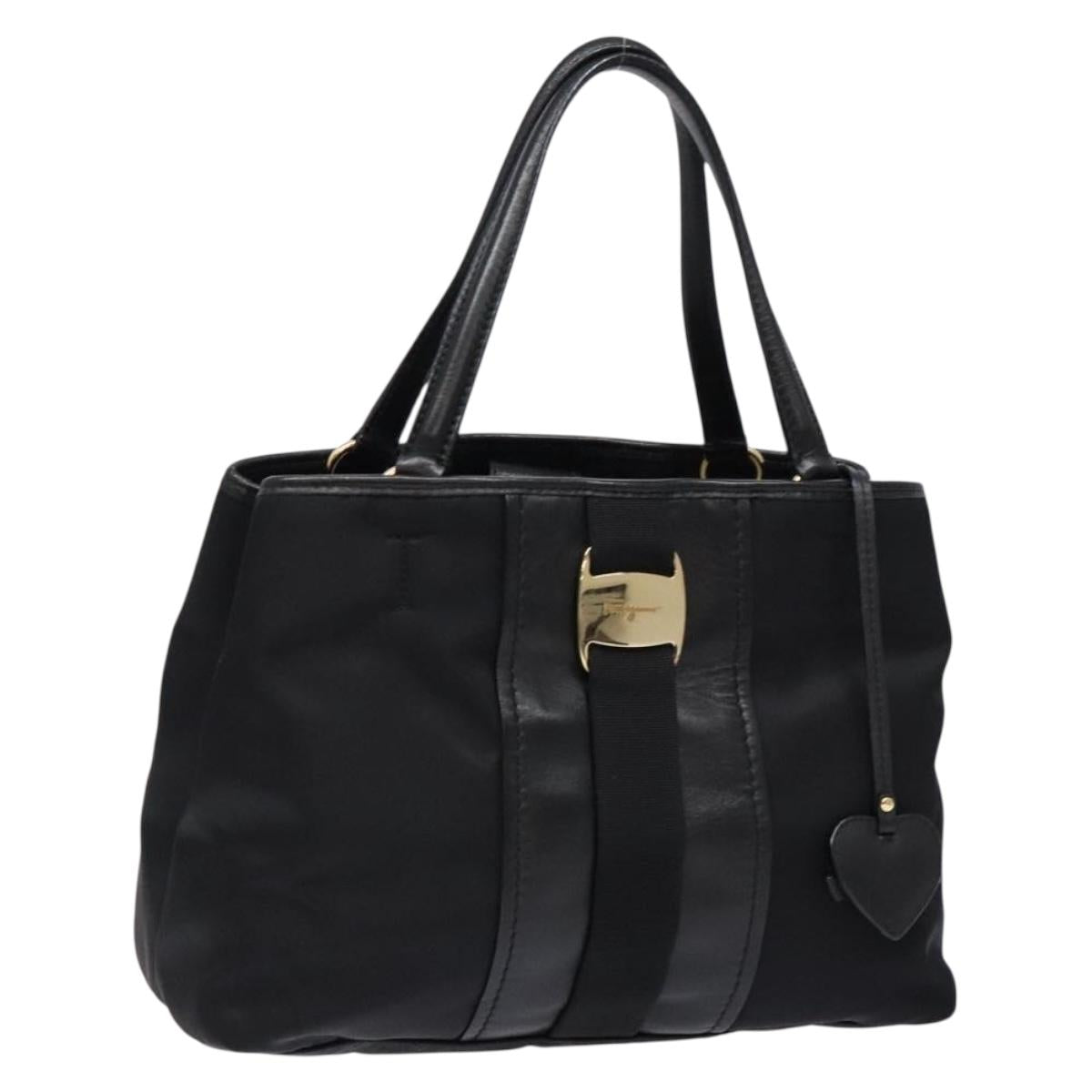 Salvatore Ferragamo Vala Tote Bag Nylon Black Gold Auth hk2909
