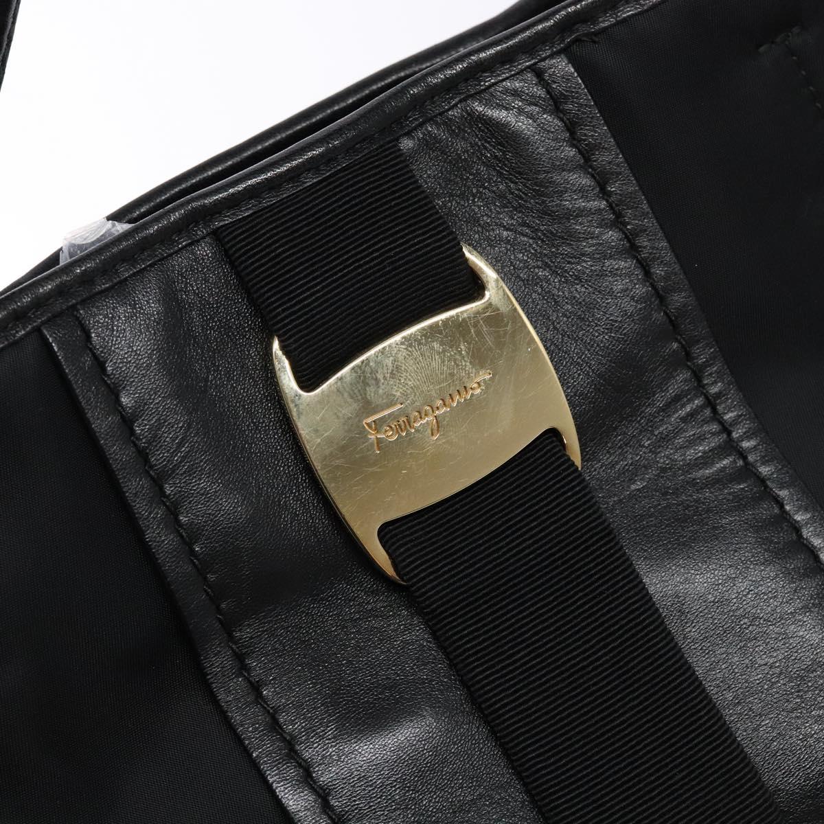 Salvatore Ferragamo Vala Tote Bag Nylon Black Gold Auth hk2909