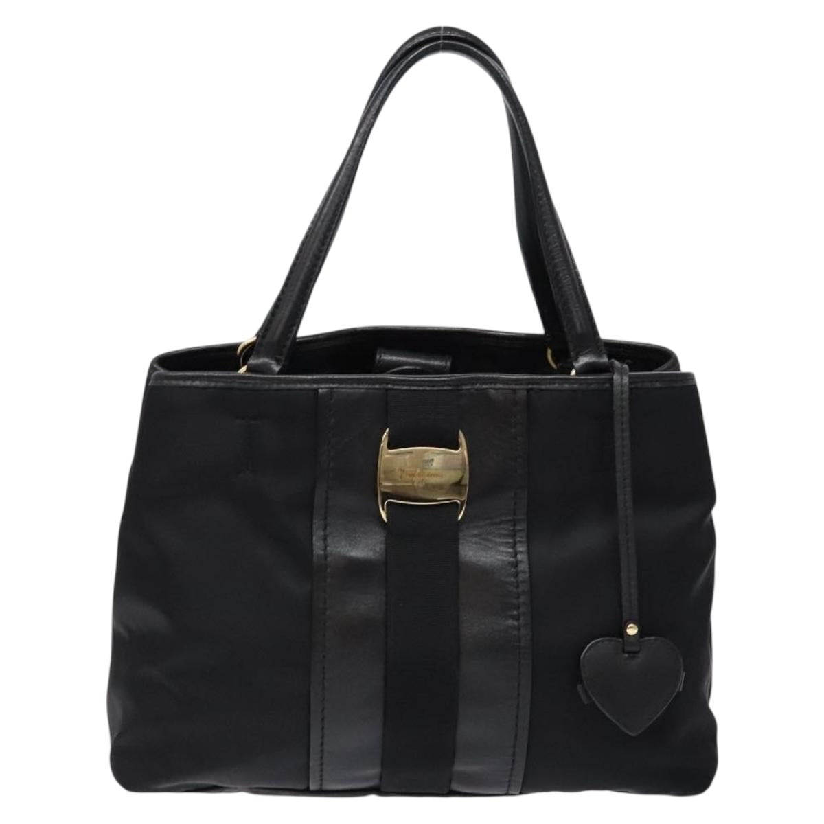 Salvatore Ferragamo Vala Tote Bag Nylon Black Gold Auth hk2909