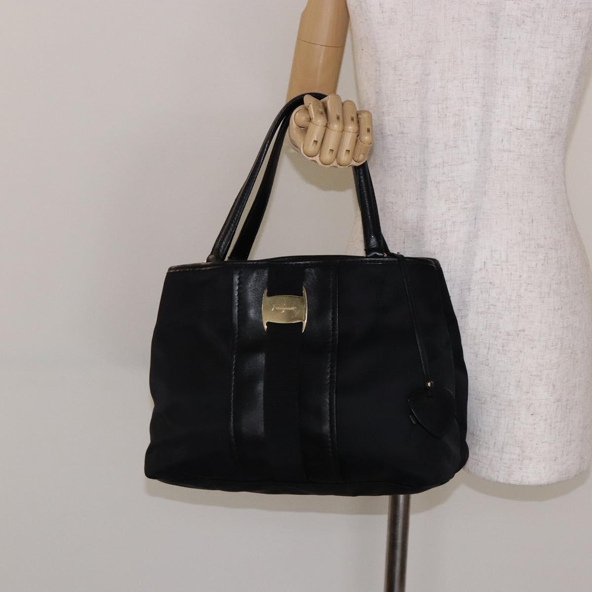 Salvatore Ferragamo Vala Tote Bag Nylon Black Gold Auth hk2909