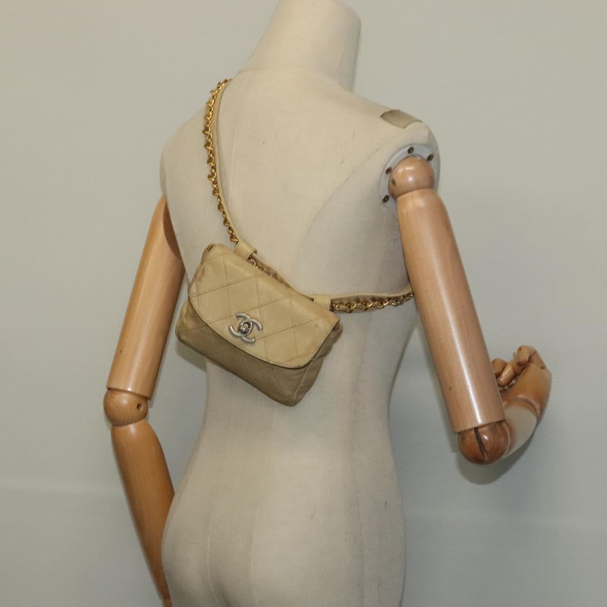 CHANEL Bicolore Waist pouch Caviar Skin Beige Gold CC Auth hk2931