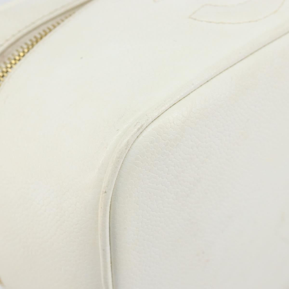 CHANEL COCO Mark vanity Pouch Caviar Skin White Gold CC Auth hk2965