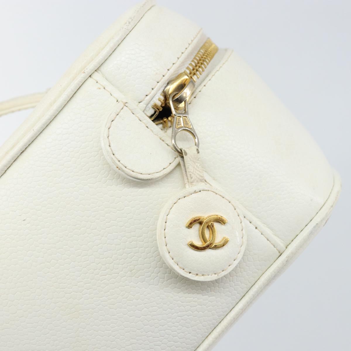 CHANEL COCO Mark vanity Pouch Caviar Skin White Gold CC Auth hk2965