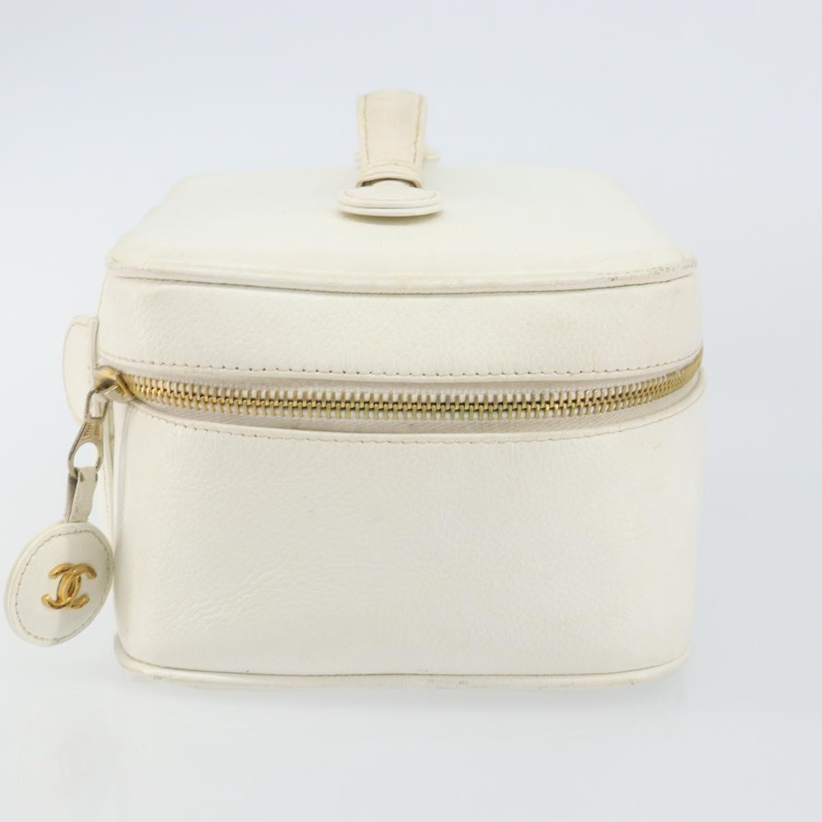 CHANEL COCO Mark vanity Pouch Caviar Skin White Gold CC Auth hk2965