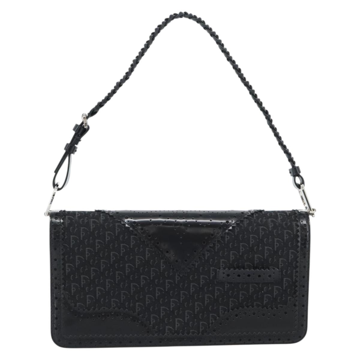 Christian Dior Trotter Canvas Shoulder Bag Black Silver Auth hk2968A