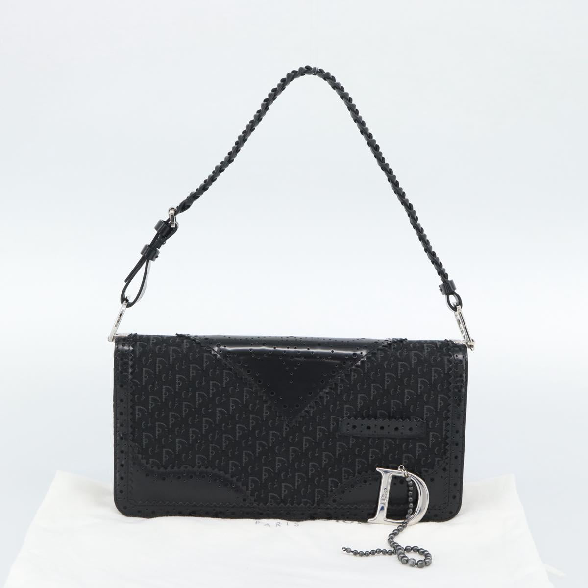 Christian Dior Trotter Canvas Shoulder Bag Black Silver Auth hk2968A