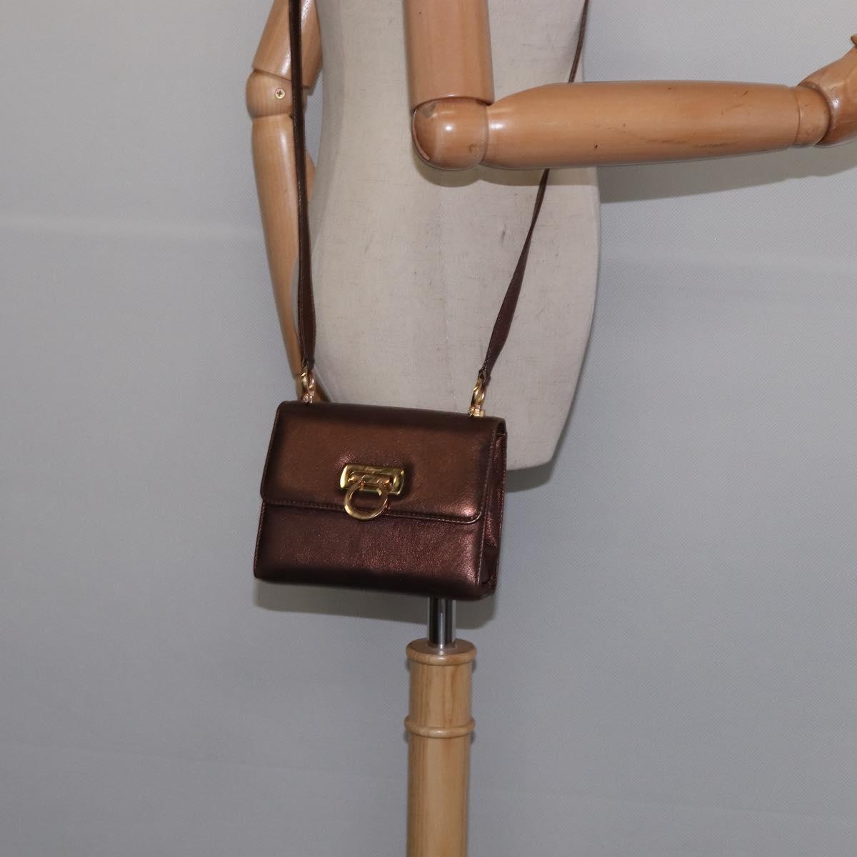 Salvatore Ferragamo Gancini Shoulder Bag Leather Brown Gold Auth hk2983