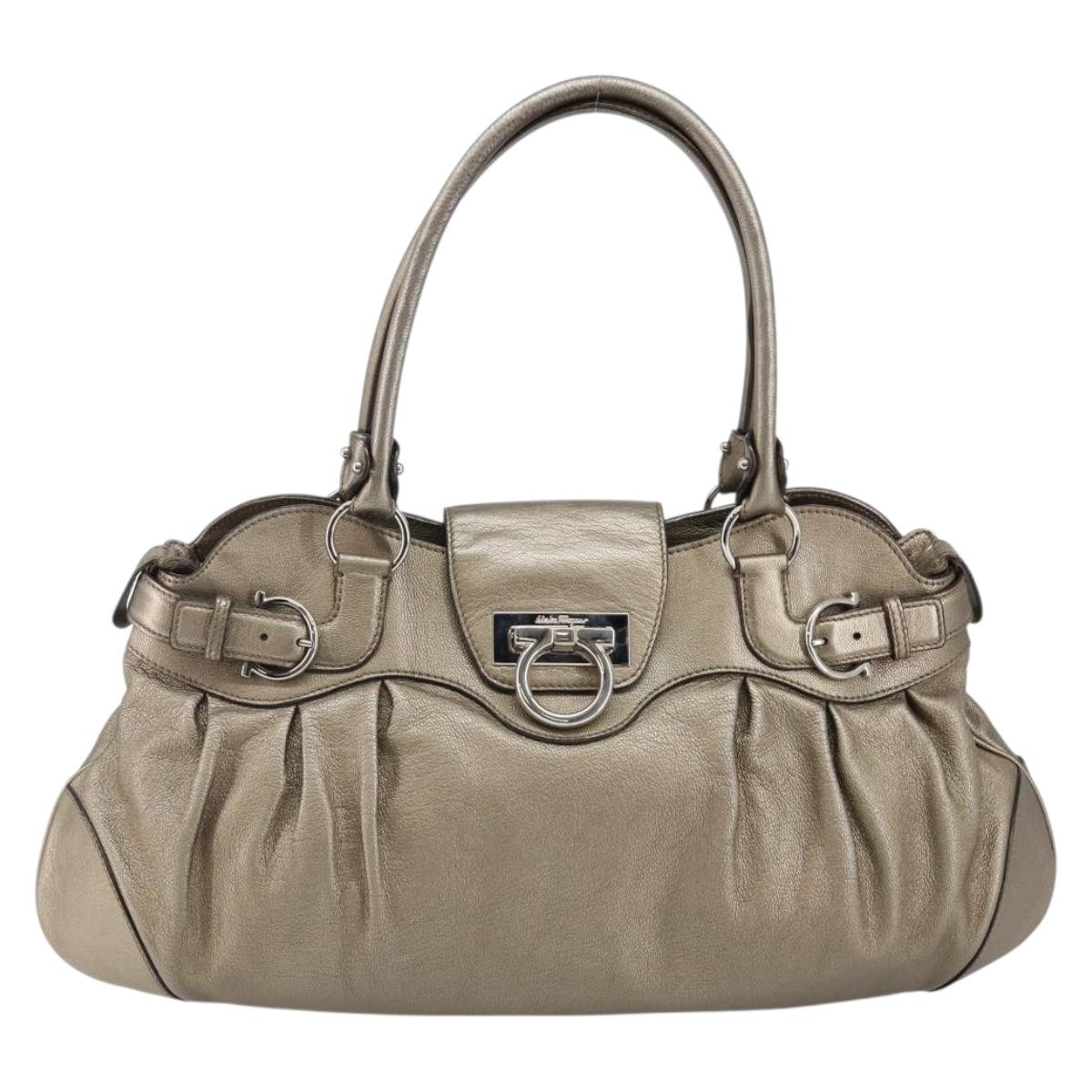 Salvatore Ferragamo Gancini Tote Bag Leather Champagne Gold Auth hk2984