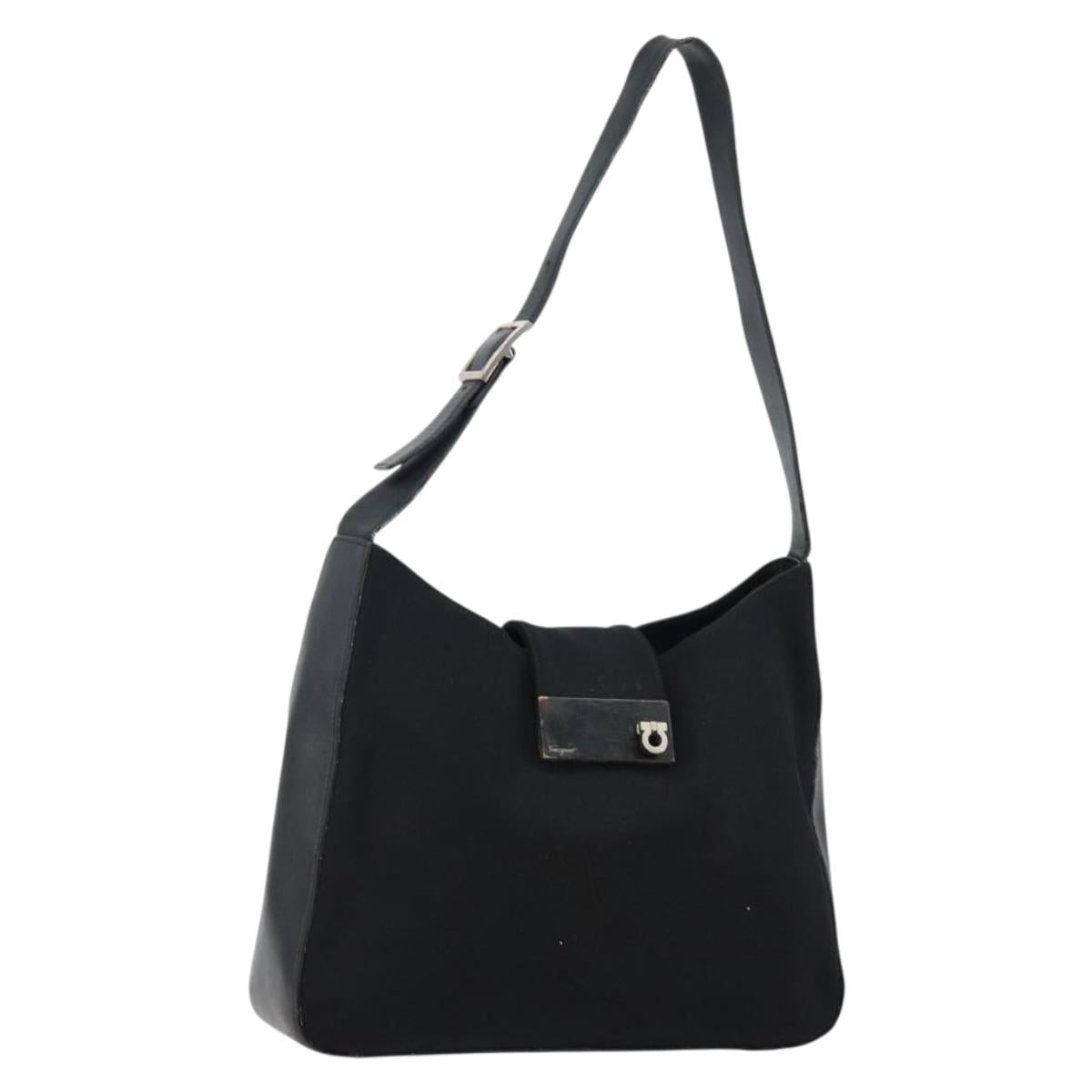 Salvatore Ferragamo Gancini Shoulder Bag Nylon Black Silver Auth hk2985