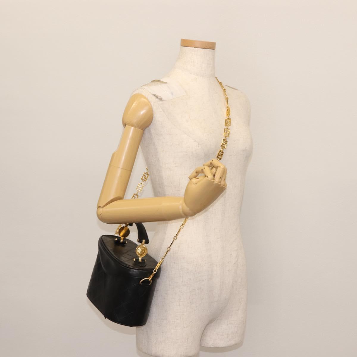 Gianni Versace Vanity Hand Bag Leather 2way Black Gold Auth hk3006