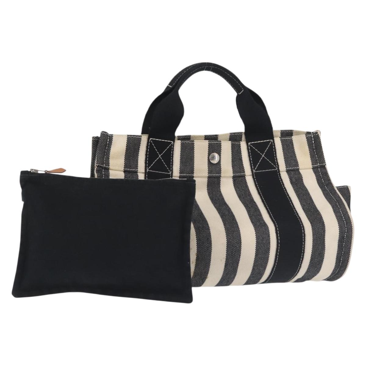 HERMES Cannes PM Hand Bag Canvas White Black Auth hk3009