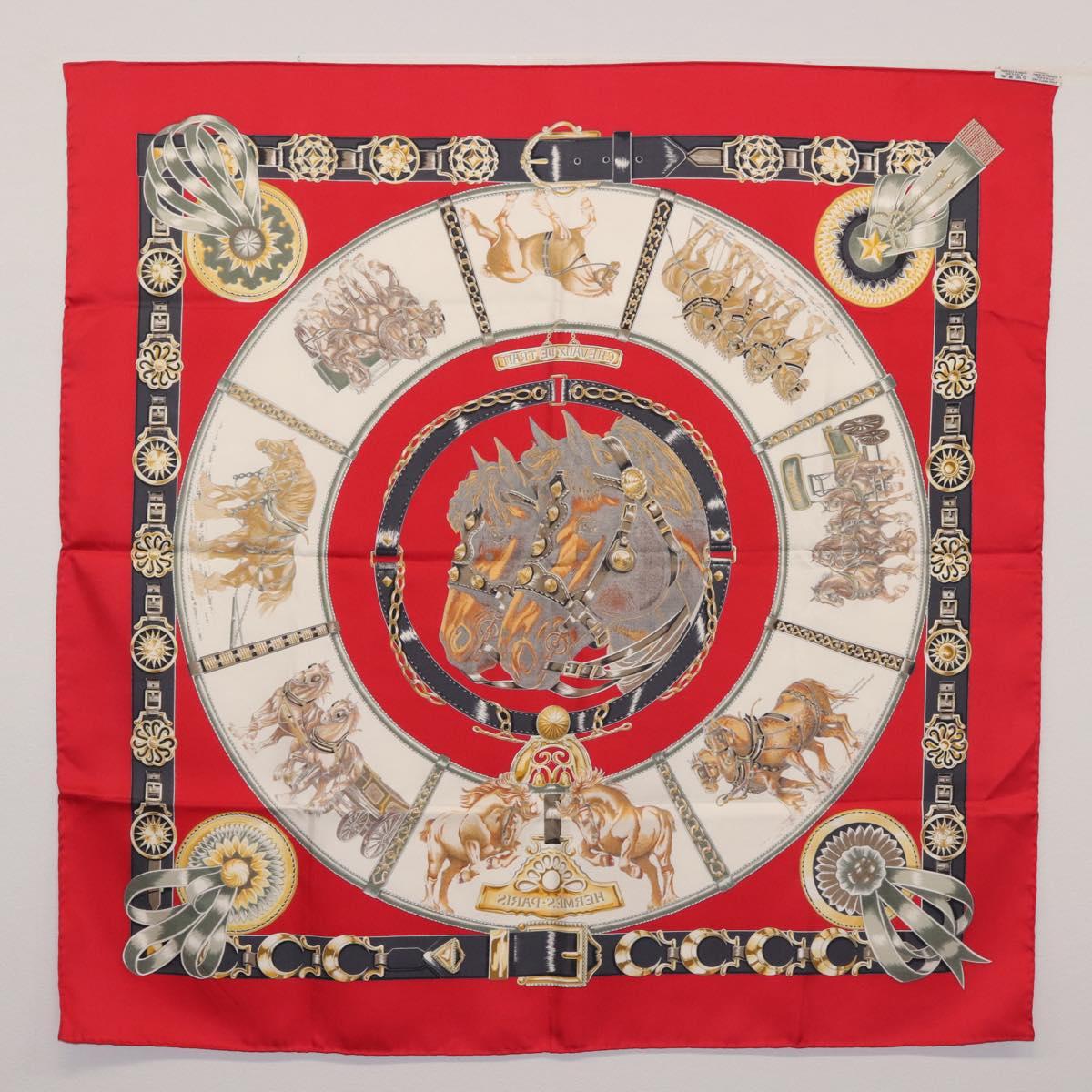 HERMES Carre 90 Scarf ""CHEVAUX DE TRAIT "" Silk Red Auth hk3015