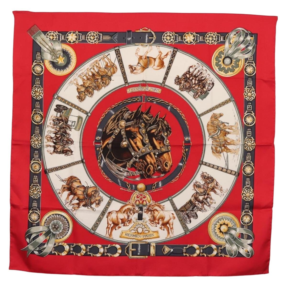 HERMES Carre 90 Scarf ""CHEVAUX DE TRAIT "" Silk Red Auth hk3015