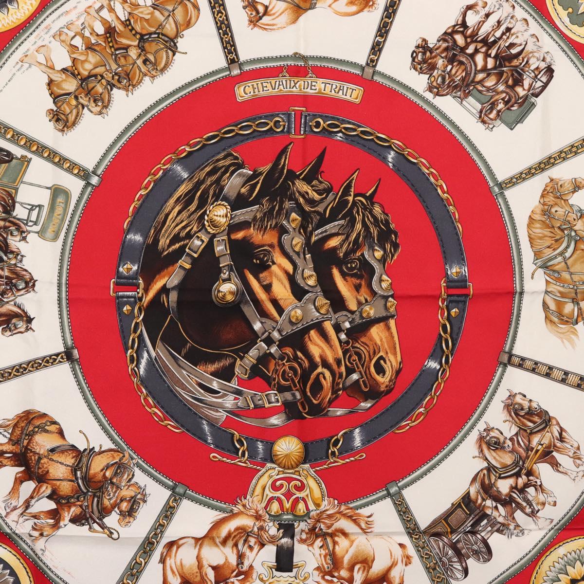 HERMES Carre 90 Scarf ""CHEVAUX DE TRAIT "" Silk Red Auth hk3015
