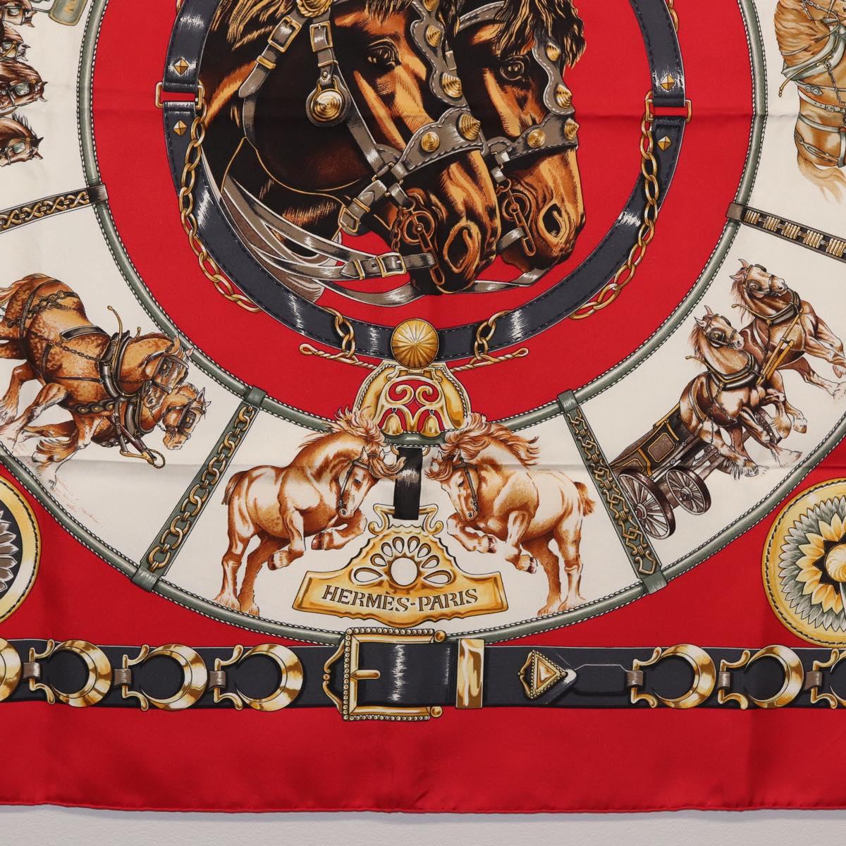 HERMES Carre 90 Scarf ""CHEVAUX DE TRAIT "" Silk Red Auth hk3015