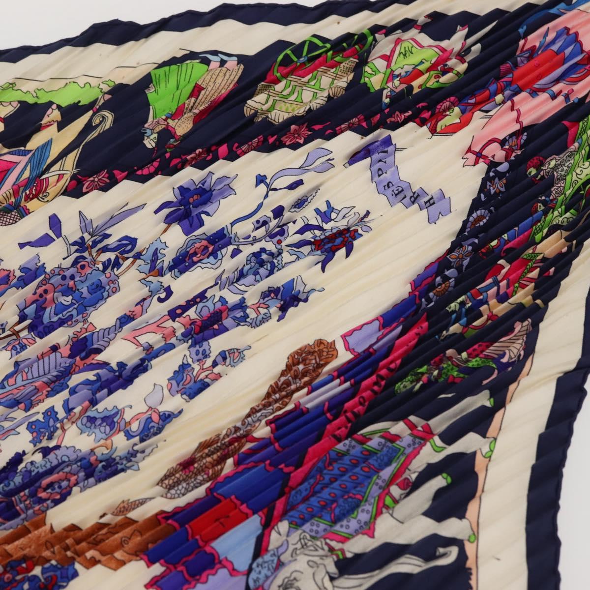 HERMES Pleated Carre 90 Scarf ""fantaisies indiennes "" Silk Navy Auth hk3018