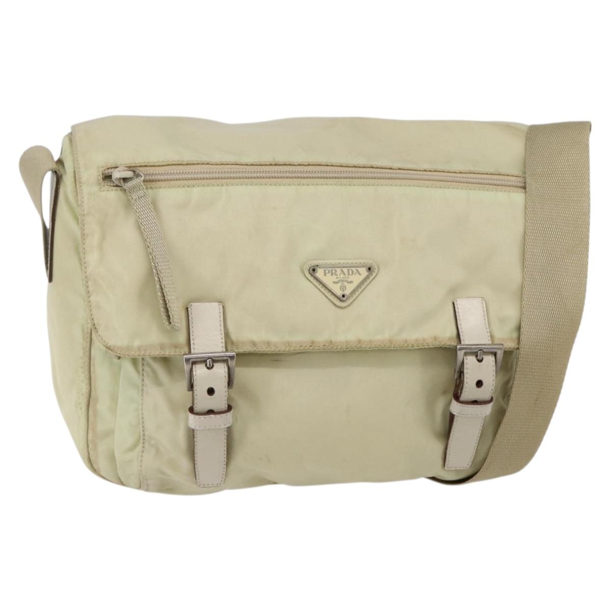 PRADA Shoulder Bag Nylon Beige Silver Auth hk3054