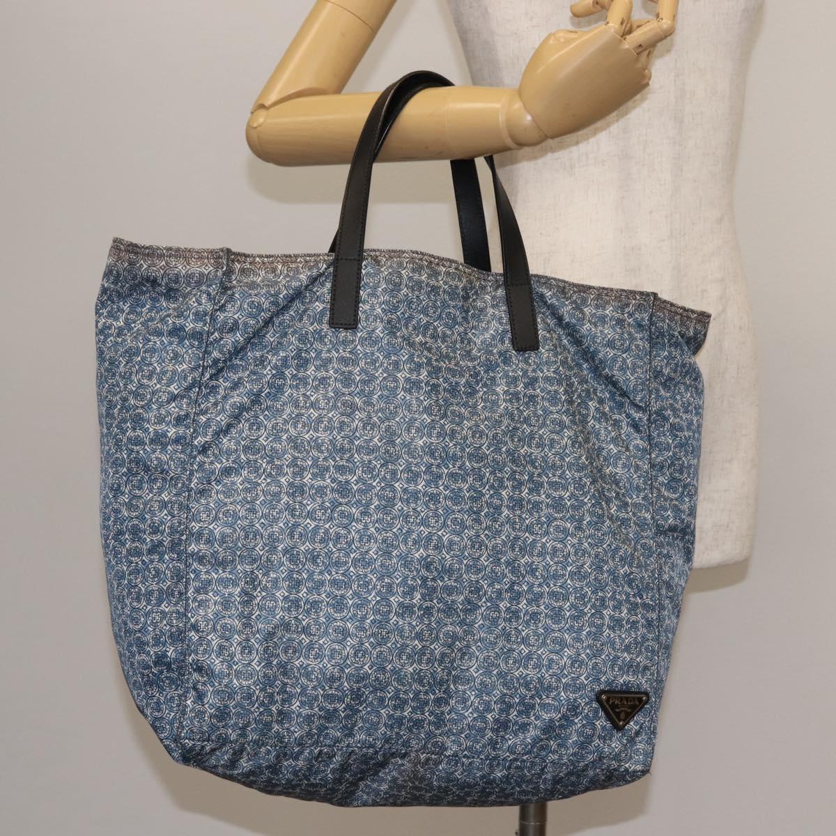 PRADA Tote Bag Nylon Blue Silver Auth hk3057