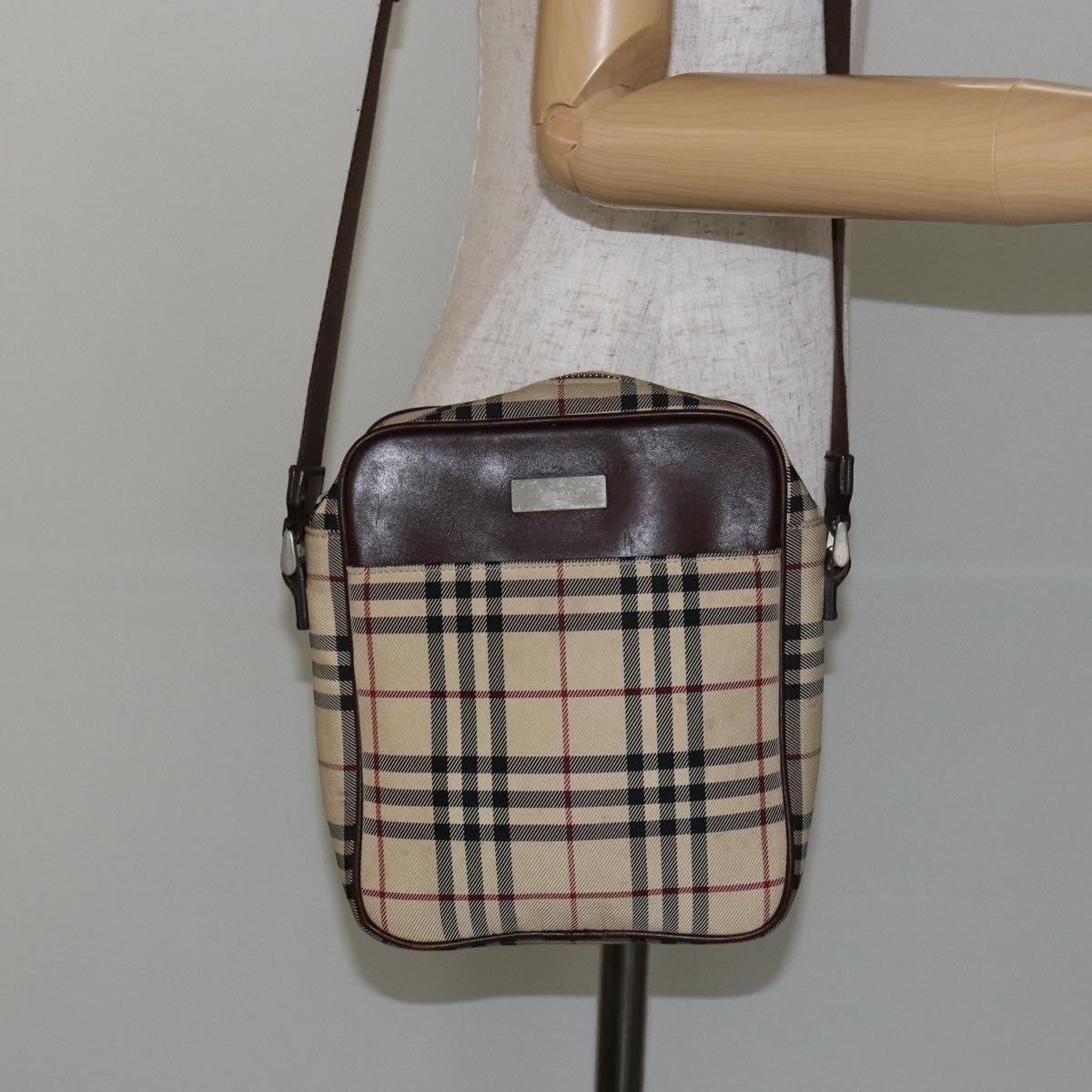 BURBERRY Nova Check Shoulder Bag Canvas Beige Silver Auth hk3087